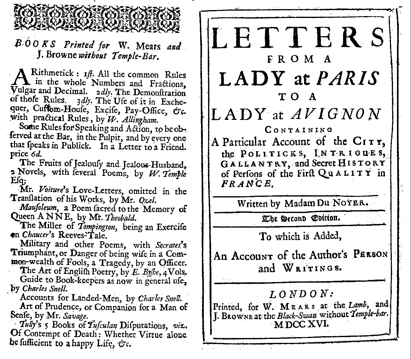 Anne Marguerite Petit DuNoyer, Letters from a Lady at Paris to a Lady at Avignon [...] The Second Edition (London: W. Mears/ J. Browne, 1716).